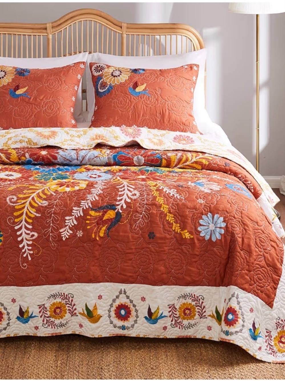 Rust Floral Embroidered Quilt with Decorative Border